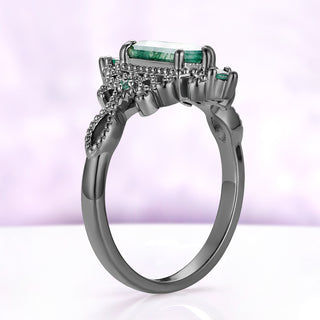 Side profile of the Ravenna moss agate ring in black ruthenium, showing the height of the milgrain gallery under the hexagon stone
