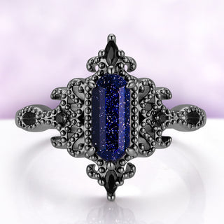 Ravenna Hexagon Starry Night & Black Onyx Engagement Ring in Black Ruthenium by Aquamarise, glittering midnight-blue hexagon in a milgrain scrollwork frame