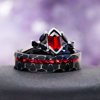 Crushed Red Garnet Dragon Men's Wedding Band in Black Tungsten (6mm)