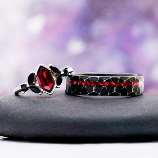 Crushed Red Garnet Dragon Men's Wedding Band in Black Tungsten (6mm)