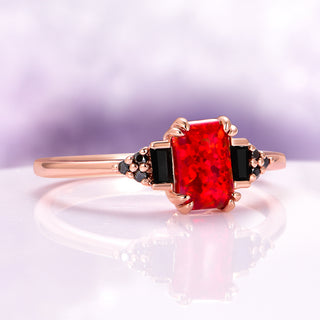 Red Fire Opal & Black Onyx Ring in 14K Rose Gold Vermeil unique engagement ring