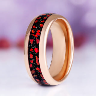 Red fire opal inlay men's wedding band in rose gold tungsten carbide, 8mm