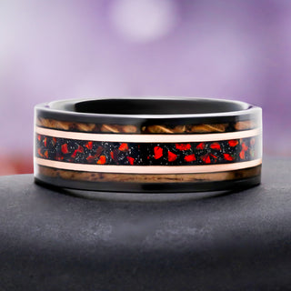Red Fire Opal Whiskey Barrel Men's Wedding Band in Black & Rose Gold Tungsten (8mm) by Aquamarise, with crushed red fire opal and whiskey barrel wood inlay.