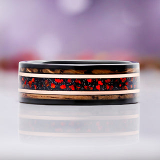Red Fire Opal Whiskey Barrel Men's Wedding Band in Black & Rose Gold Tungsten (8mm) by Aquamarise, showing the red opal and wood inlay channels.