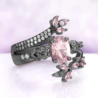 Angled view of the Rosalind set showing the pink marquise clusters and simulated diamond pavé on the wrap band