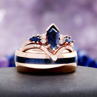 Rose Gold Coffin Cut Galaxy Sandstone Starry Night Couples Ring by Aquamarise, a coffin-cut blue sandstone ring with a matching inlay band.
