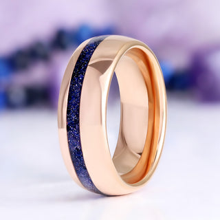 Rose Gold Coffin Cut Galaxy Sandstone Starry Night Men's Ring by Aquamarise, a rose gold band with a sparkling blue sandstone inlay.