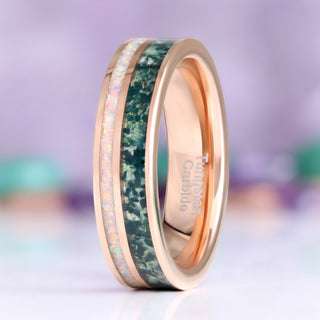 Moss Agate & Fire Opal Men's Ring in Rose Gold Tungsten by Aquamarise, upright view showing the moss agate and white opal inlay channels.