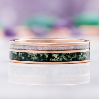 Moss Agate & Fire Opal Men's Ring in Rose Gold Tungsten by Aquamarise, shown flat to display the paired green and white inlay stripes.