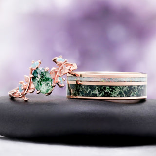 Rose Gold Vine Leaf Moss Agate & Fire Opal Couples Ring Set by Aquamarise, pairing a leaf-detailed moss agate ring with a moss agate and opal inlay band.