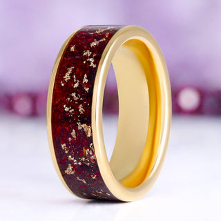 Rose petal and gold leaf inlay men's wedding band in yellow gold tungsten, 8mm