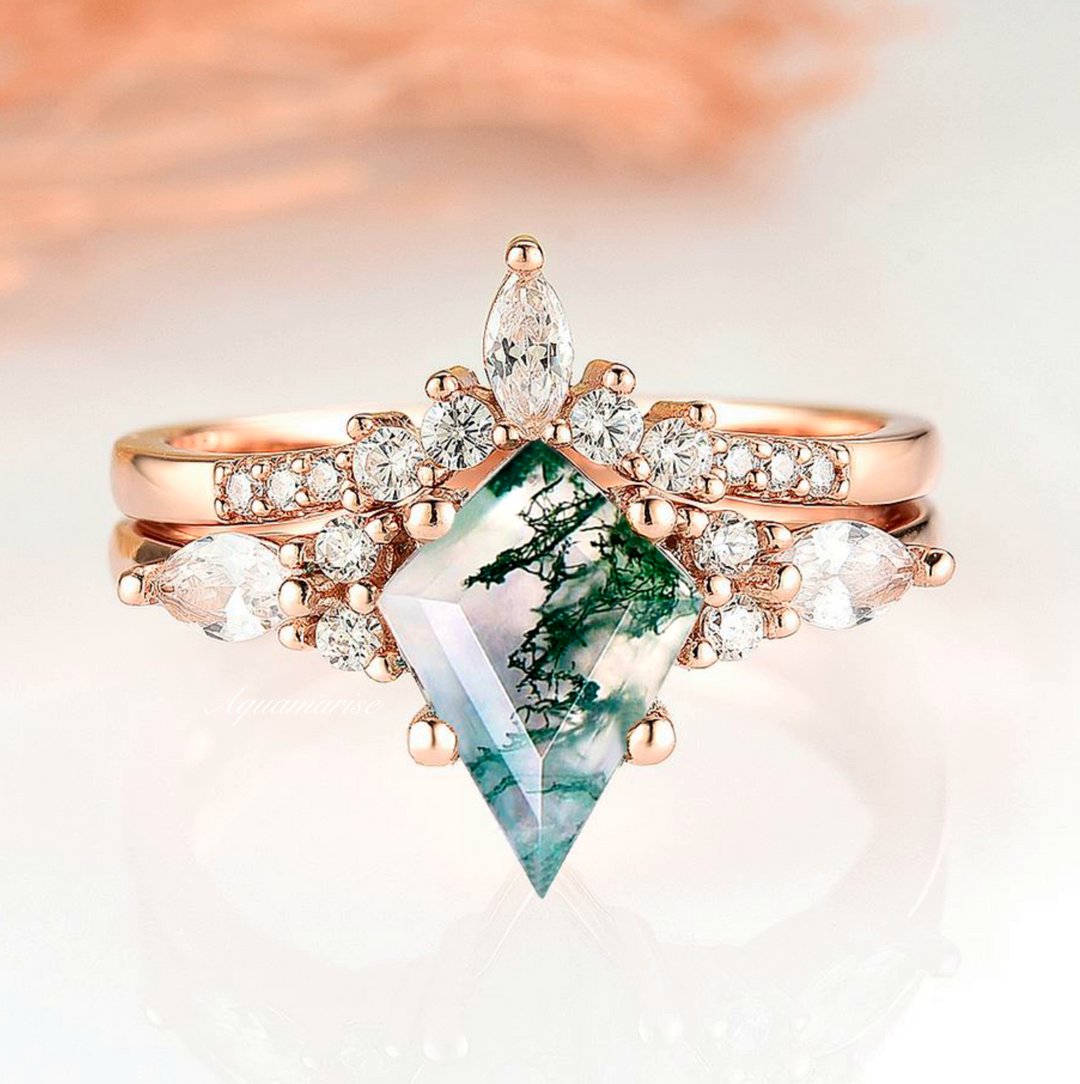 Skye Green Moss Agate Engagement Ring Set- 14K Solid Rose Gold