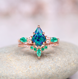 Skye Kite®  Peacock Fire Opal & Emerald Couples Ring Set