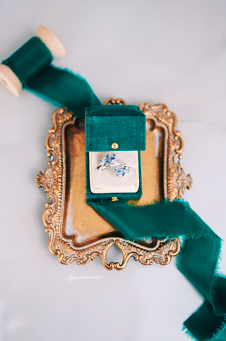 Blue Sapphire & Simulated Diamond Leaf Engagement Ring Set in Sterling Silver