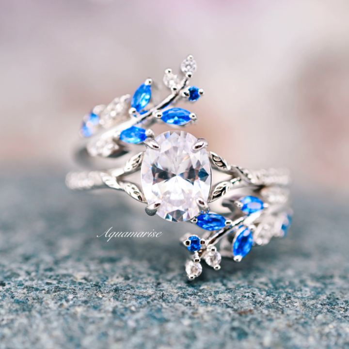 Blue Sapphire & Moissanite/Diamond Leaf Engagement Ring Set- 14K White Gold