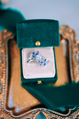 Blue Sapphire & Simulated Diamond Leaf Engagement Ring Set in Sterling Silver