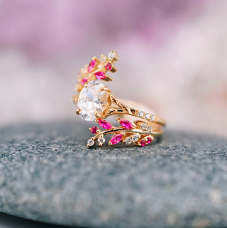 Oval Cut Moissanite & Ruby Leaf Engagement Ring Set in 14K Solid Yellow Gold