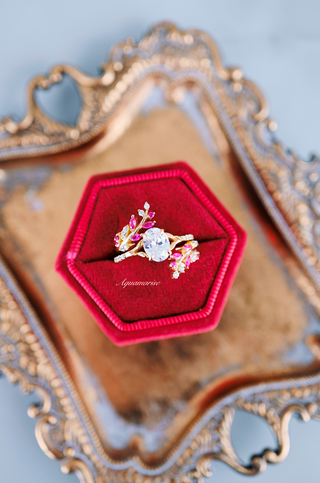 Oval Cut Moissanite & Ruby Leaf Engagement Ring Set in 14K Solid Yellow Gold