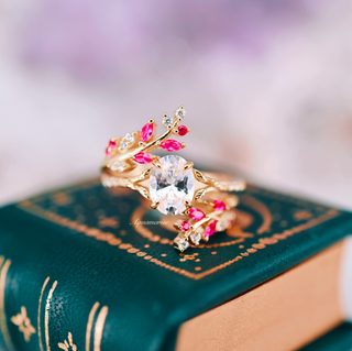 Simulated Diamond & Ruby Leaf Engagement Ring Set in 14K Yellow Gold Vermeil