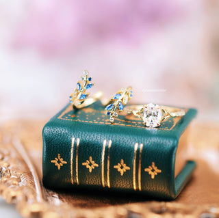 Blue Sapphire & Moissanite Leaf Engagement Ring Set in 14K Solid Yellow Gold