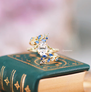 Blue Sapphire & Simulated Diamond Gold Leaf Couples Ring Set