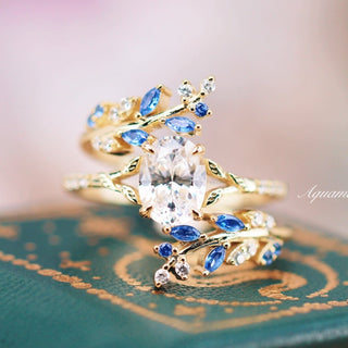 Blue Sapphire & Moissanite Leaf Engagement Ring Set in 14K Solid Yellow Gold