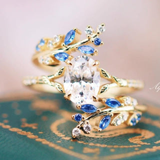 Blue Sapphire & Simulated Diamond Leaf Engagement Ring Set in 14K Yellow Gold Vermeil