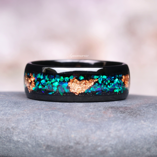 Peacock Fire Opal & Rose Gold Leaf Couples Ring Set