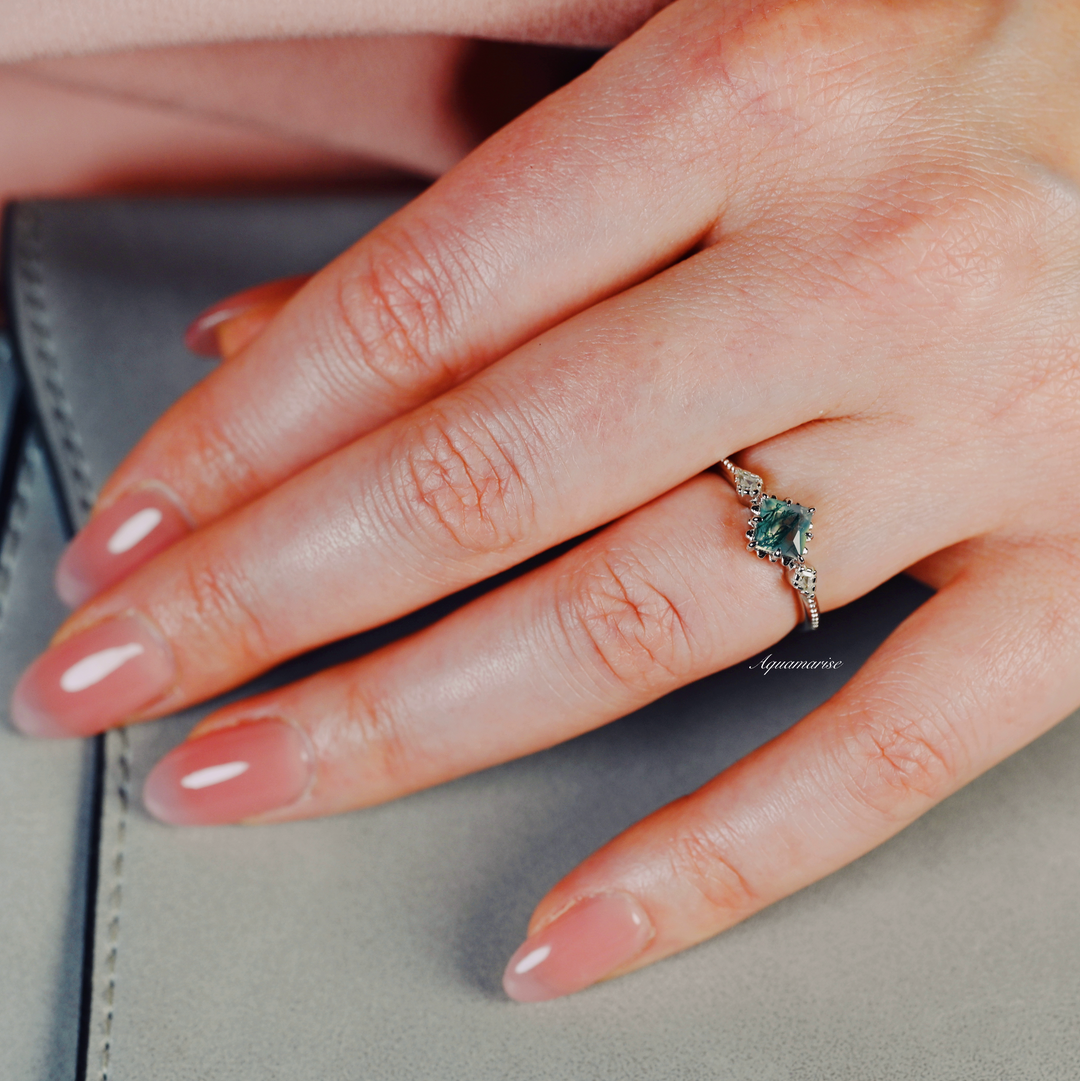 Natural Green Moss Agate Ring- Sterling Silver