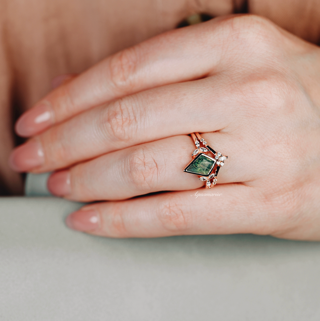 Kite Green Moss Agate Ring Set- 14K Rose Gold Vermeil