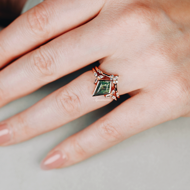 Kite Green Moss Agate Ring Set- 14K Rose Gold Vermeil