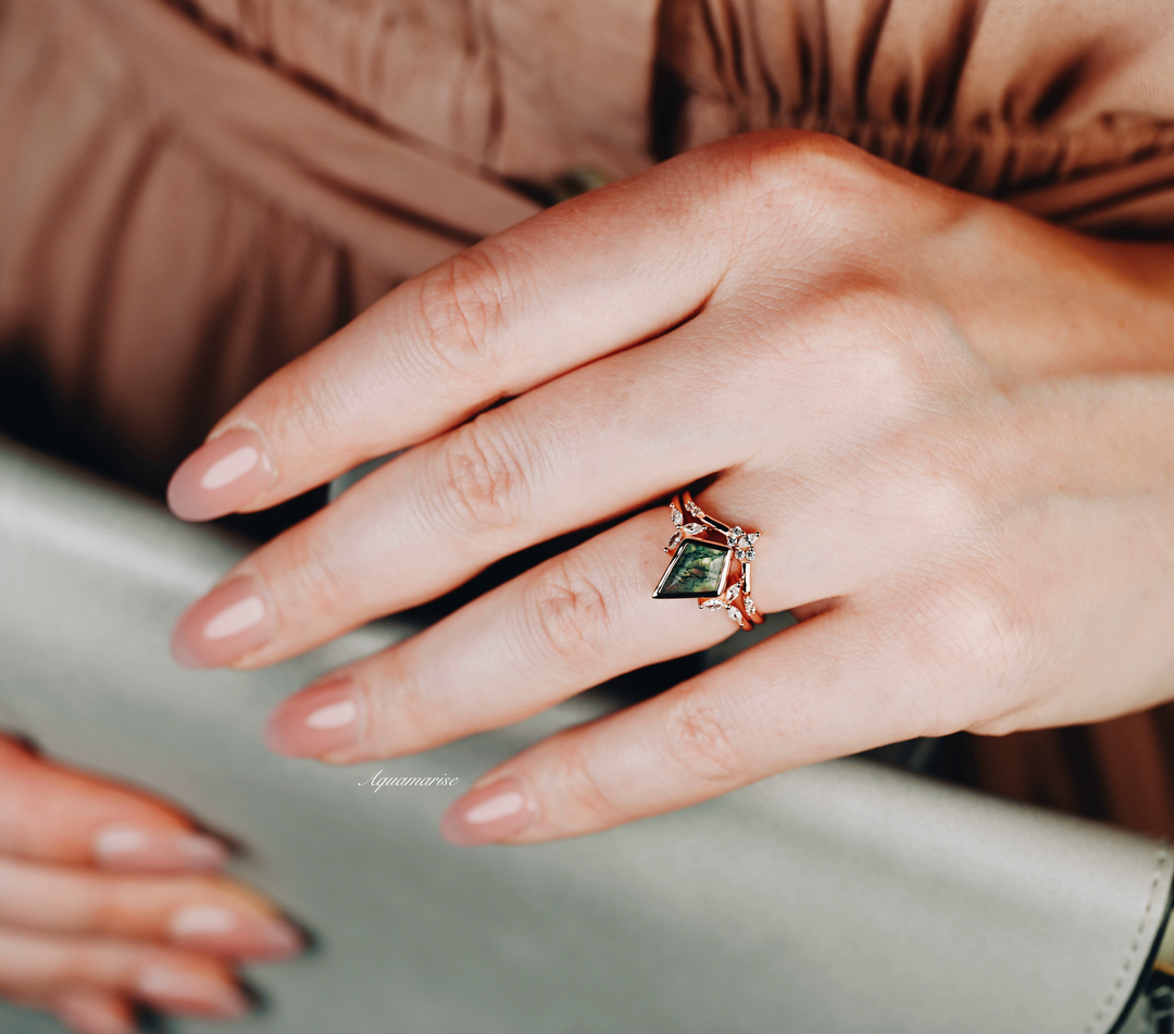 Kite Green Moss Agate Ring Set- 14K Rose Gold Vermeil