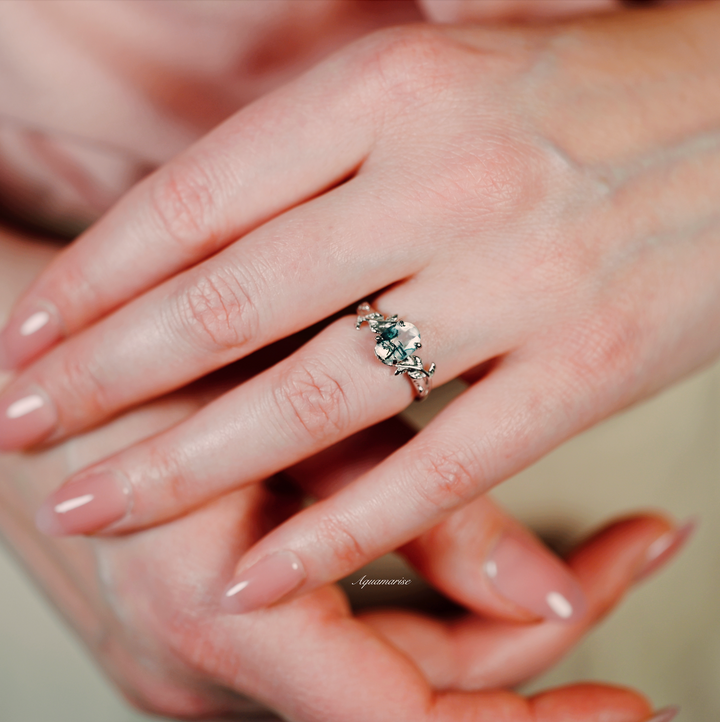 Natural Green Moss Agate Leaf Ring- Sterling Silver