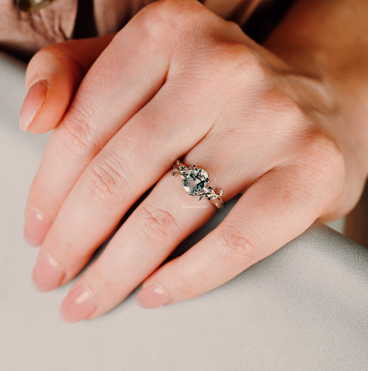 Natural Green Moss Agate Leaf Ring- Sterling Silver