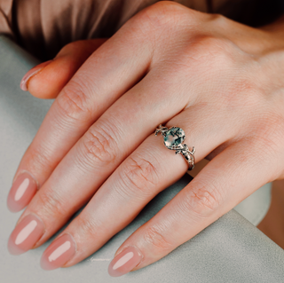 Natural Green Moss Agate Leaf Engagement Ring in Sterling Silver