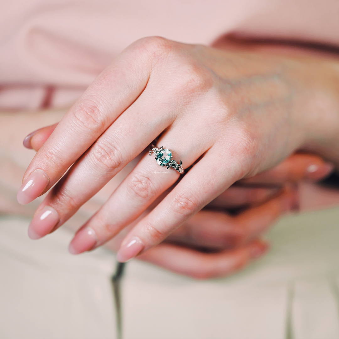 Natural Green Moss Agate Leaf Ring- Sterling Silver