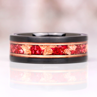 Ruby and Rose Gold Leaf Wedding Band in Two Tone Black Tungsten (8mm)
