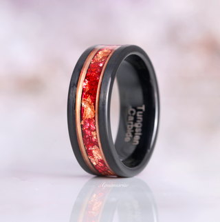 Ruby and Rose Gold Leaf Wedding Band in Two Tone Black Tungsten (8mm)