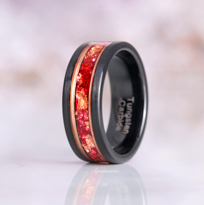 Rose Gold Leaf Ruby Ring- Black and Rose Gold Two Tone Mens Wedding Band- Unique Gemstone Crushed Red Ruby Ring- Brushed Black Tungsten Ring