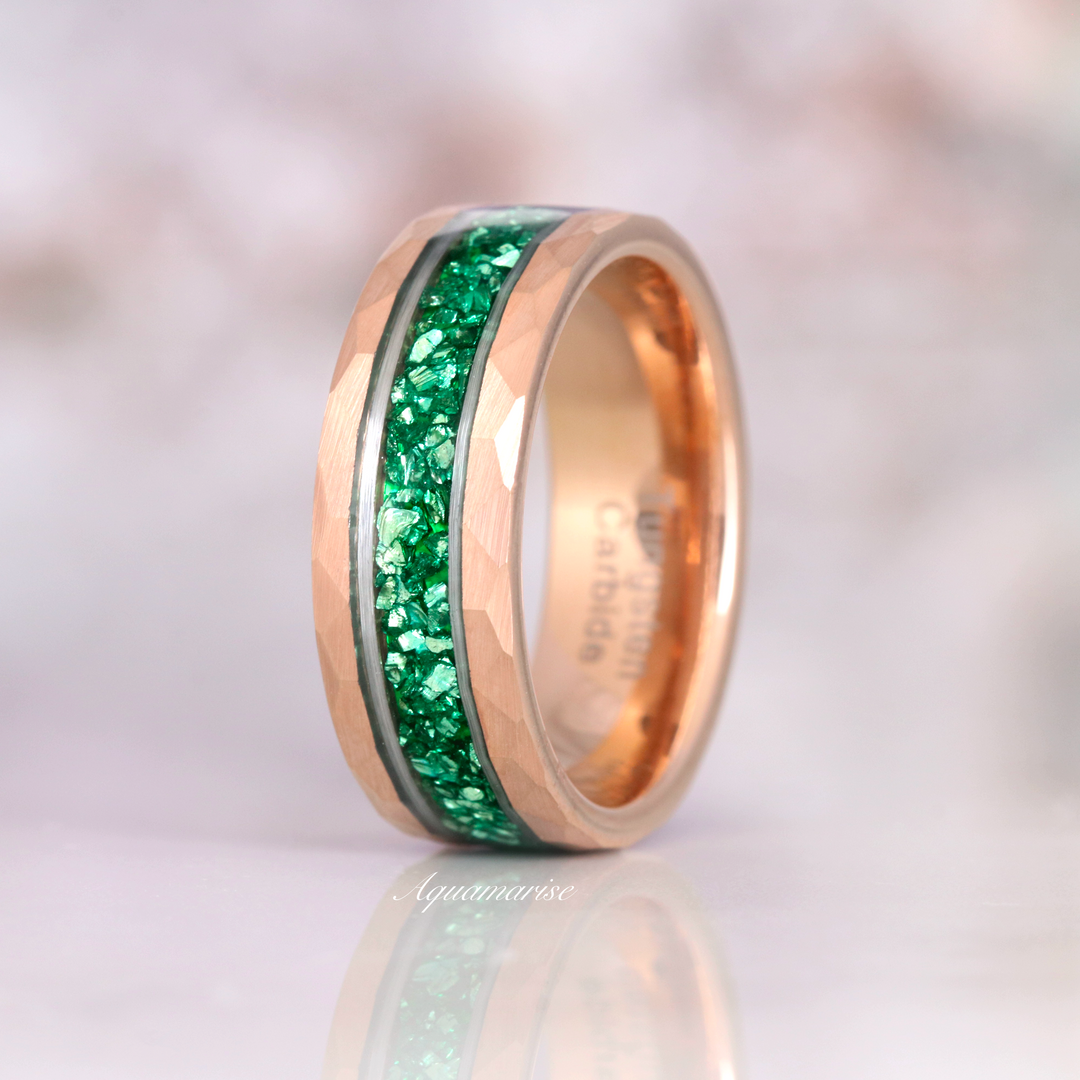 Emerald Wedding Band- 8MM Rose Gold Tungsten & Silver Strip