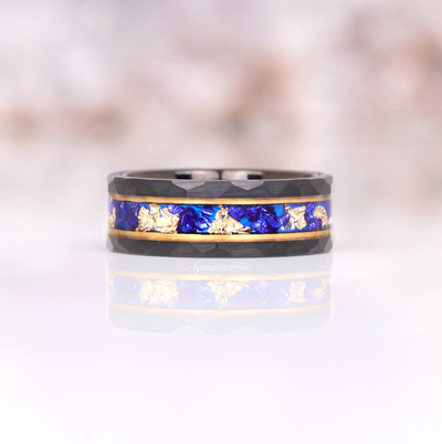 Blue Sapphire Gold Leaf Mens Wedding Band- Hammered Mens Sapphire Ring- 8mm Two Tone Tungsten Ring- Gold Leaf Foil- Matte Black Gold Accent