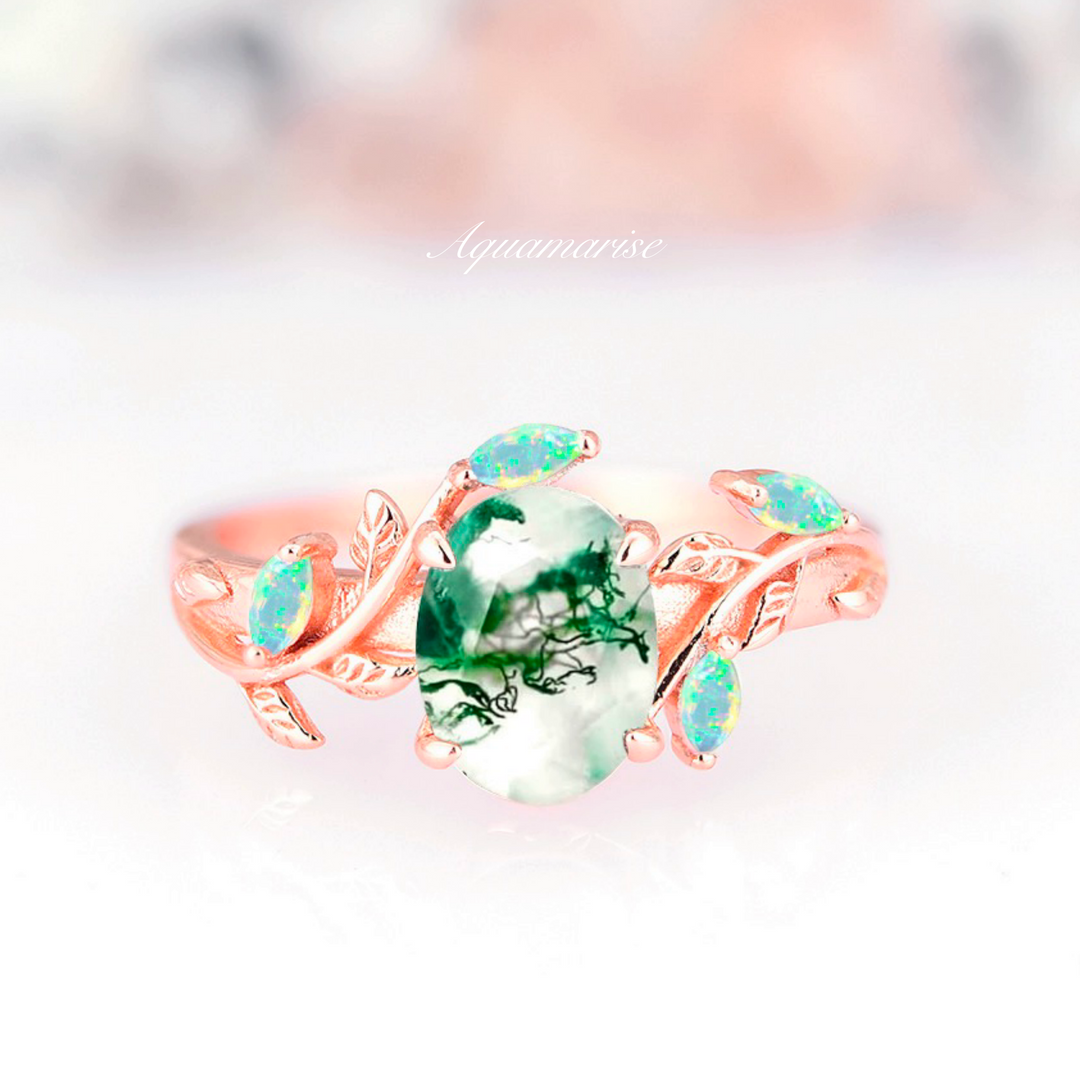 Green Moss Agate & Opal Leaf Ring- 14K Solid Rose Gold