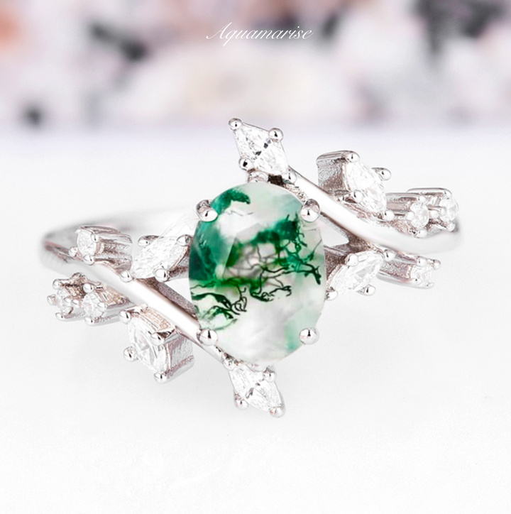 Green Moss Agate Leaf Ring- 14K White Gold