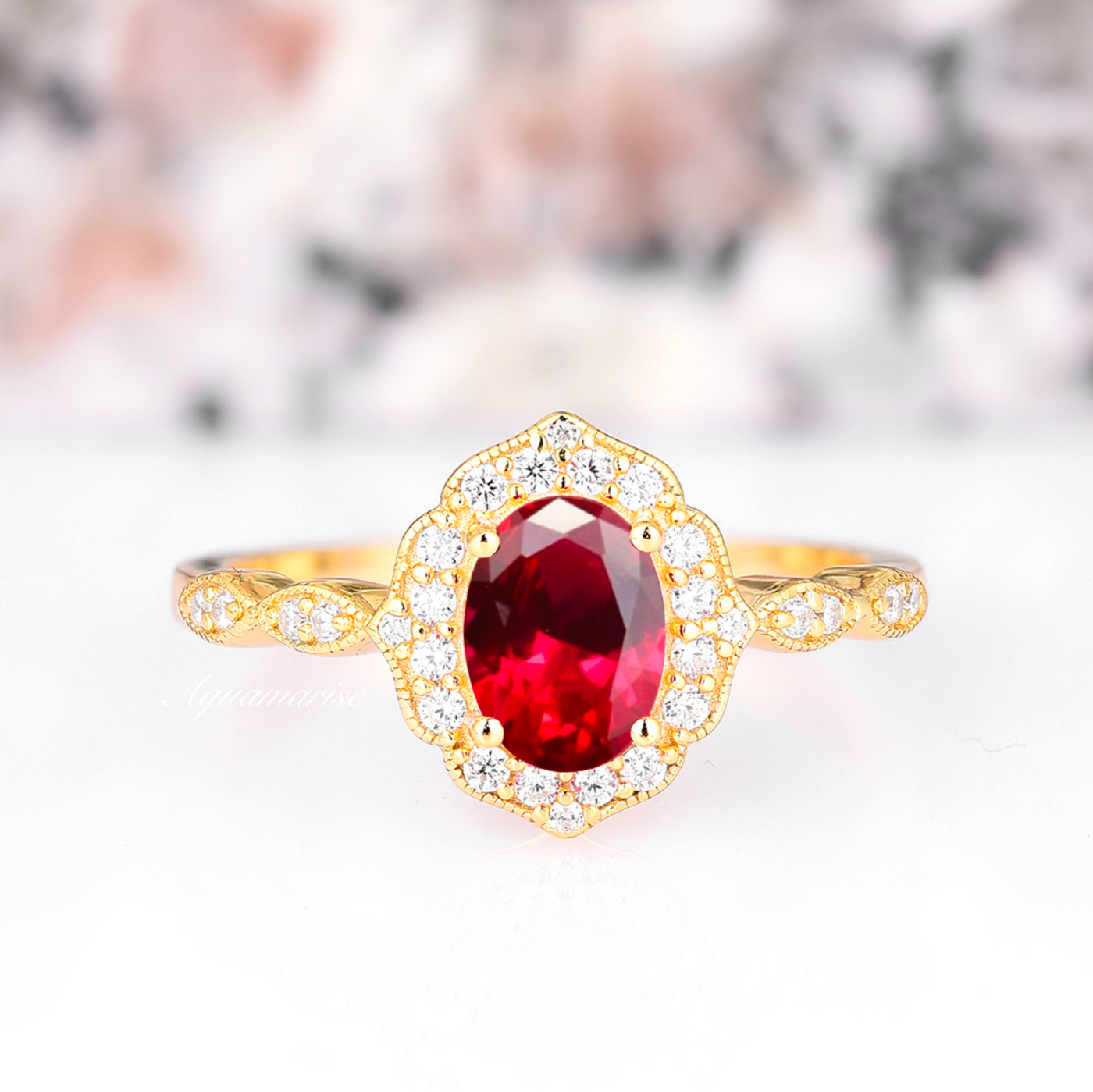 Vintage Ruby Engagement Ring For Women 14K Yellow Gold Vermeil Red Gemstone Unique Promise Ring For Her- July Birthstone Statement Rings