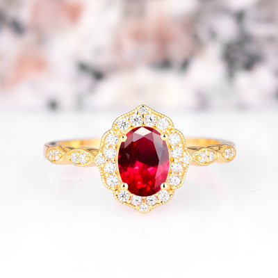 Vintage Ruby Engagement Ring For Women 14K Yellow Gold Vermeil Red Gemstone Unique Promise Ring For Her- July Birthstone Statement Rings