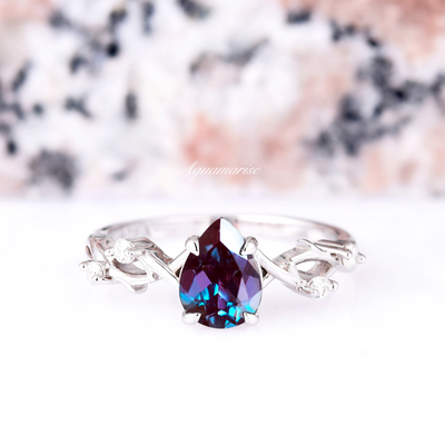 Alexandrite Leaf Engagement Ring For Women- Twig Antique Pear Shaped Bridal Ring- 925 Sterling Silver Twisted Vine Promise Ring For Her