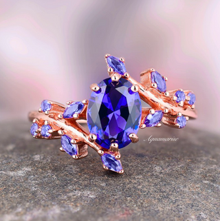 Cornflower Blue Sapphire Leaf Ring in 14K Rose Gold Vermeil