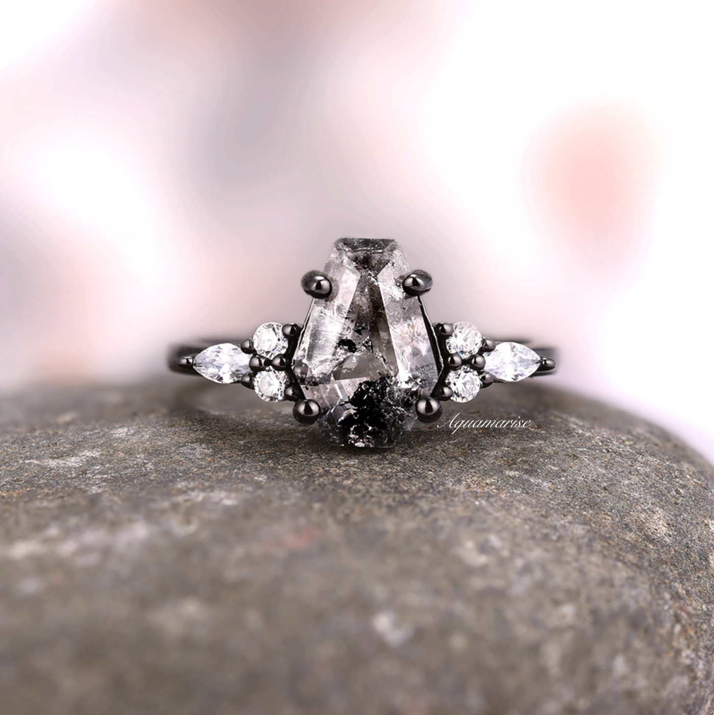 Galaxy Raw Salt & Pepper Diamond Ring- Coffin Cut Natural Herkimer Diamond Engagement Ring For Women Unique Bridal Promise Ring Black Filled
