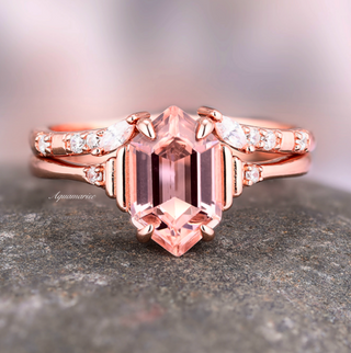 Hexagon Morganite Ring Set- 14K Rose Gold Vermeil