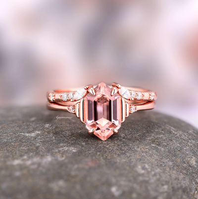 Blush Pink Hexagon Morganite Ring Set For Women- 14K Rose Gold Vermeil Vintage Engagement Ring- Unique Promise Ring Anniversary Gift For Her